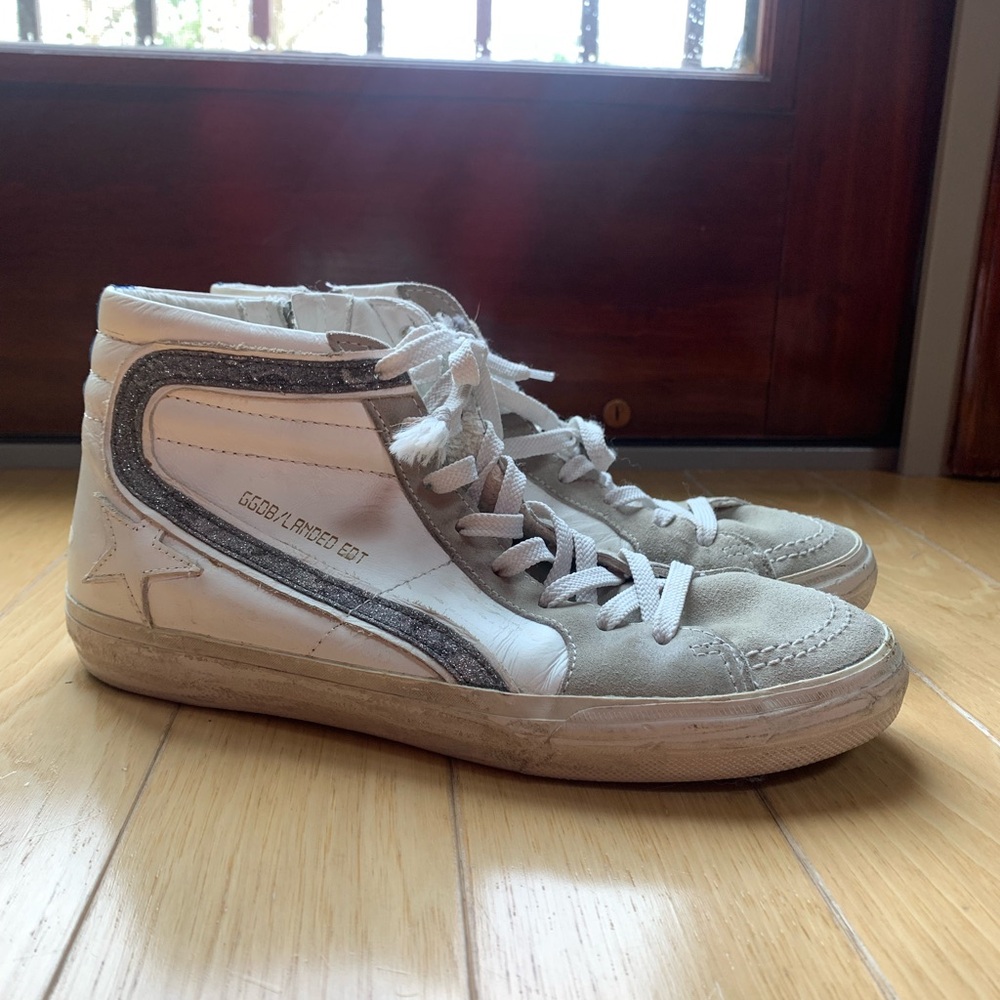 Golden Goose White and Blue Sneakers High-Top Casual